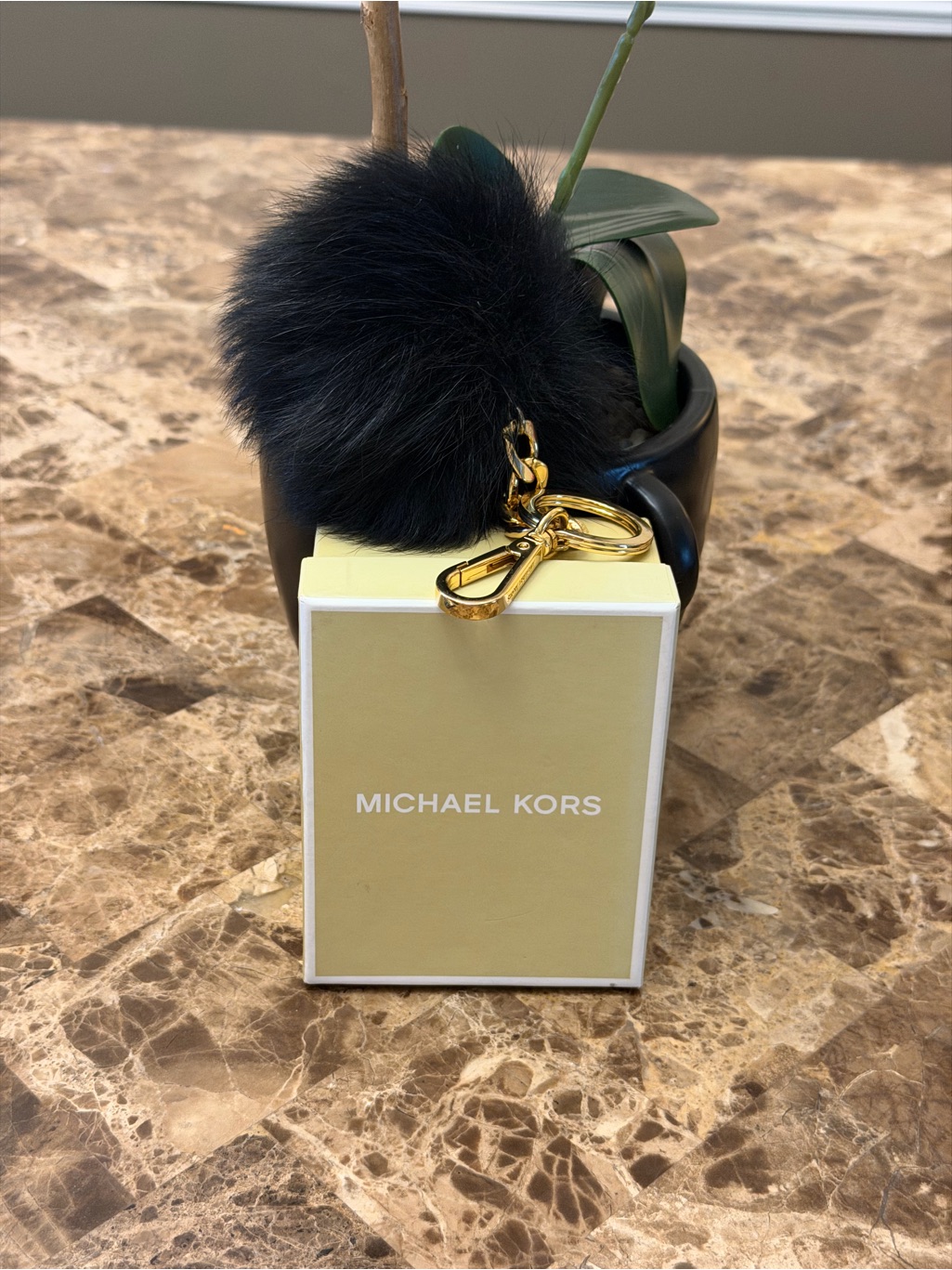 New Michael Kors Black Fur Pom Pom Bag Charm Key Ring With Gold Hardware